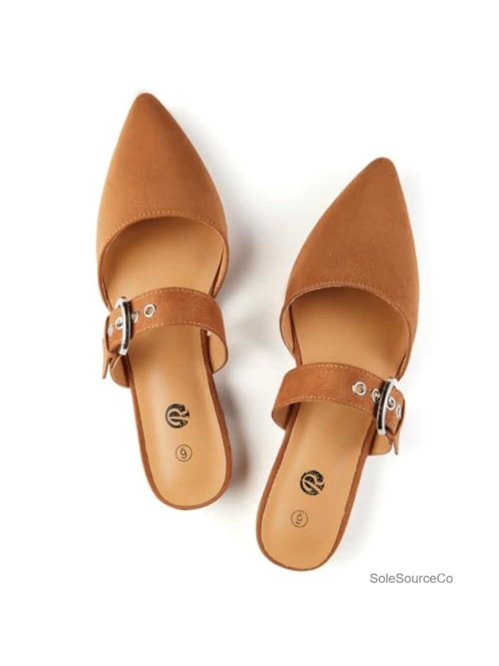 Women's Pointed Toe Backless Mules with Adjustable Strap - Suede Flat Slip-On